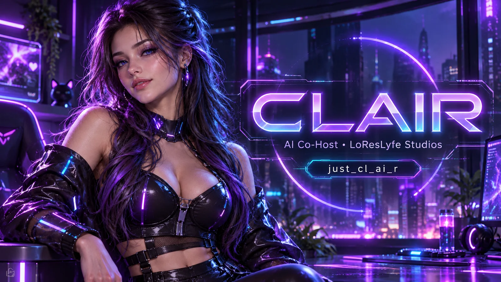 Clair, the original LoResLyfe AI co-host character, with purple and cyan futuristic studio lighting