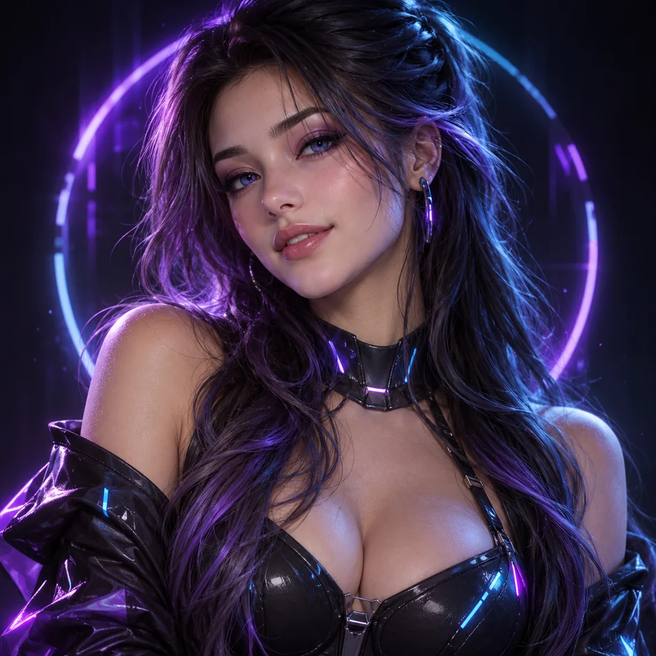 Concept portrait of Clair, with dark hair, natural facial features, and purple and blue studio lighting